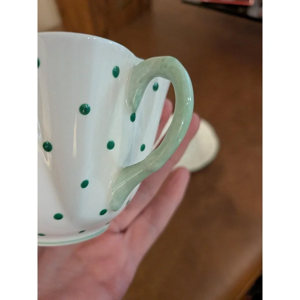 Shelley England Dainty Green Polka Dot Teacup and Saucer Fine Bone China 13748